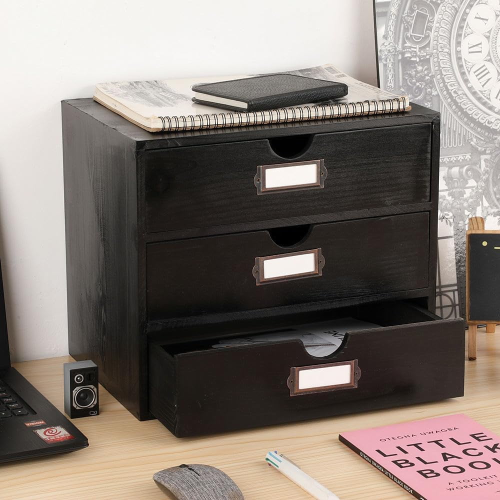 Wooden Storage Box Rustic Desktop Organizer with 3 Drawers Office Desk Accessories Shelf Large  Storage Containers Apothecary Cabinet and Chest Jewelry Holder for Women (Black)