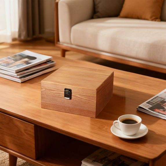 Wooden Storage Box with Flipping Cover, Solid Natural Wood, 5.4 x 5.4 x 3.9 in, Brown, Secure Latch, Home Office Organizer