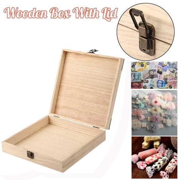 Wooden Storage Box with Hinged Lid and Metal Latch, Square Wood Case for Jewelry, Coins, and Keepsake Organization and Craft Projects