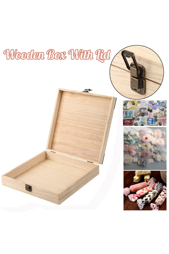 Wooden Storage Box with Hinged Lid and Metal Latch, Square Wood Case for Jewelry, Coins, and Keepsake Organization and Craft Projects
