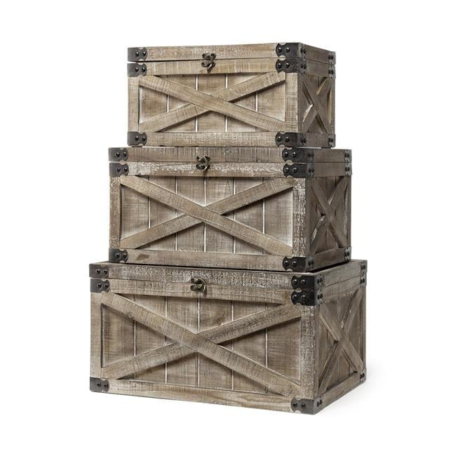 Set of 3 Light Brown Wooden Storage Boxes with Metal Accents