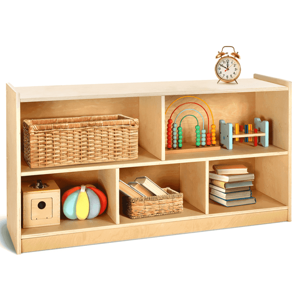 Sweet Time Wooden Storage Cabinet Montessori Bookshelf 5-Section Kids Toy Organizer Book Shelf Living Rooms Nursery Classroom