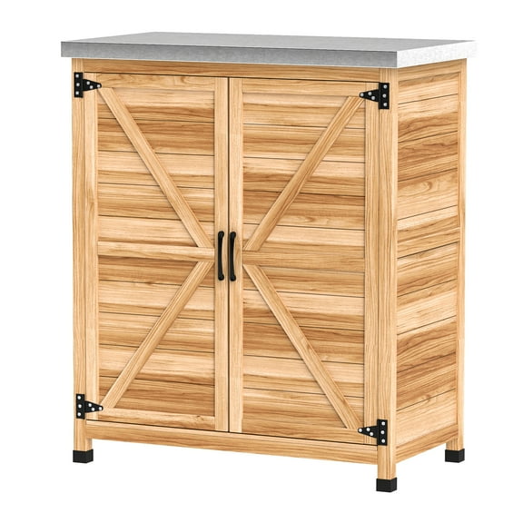 Wooden Storage Cabinet, Outdoor Prep Table w/ Metal Tabletop, Shelves and Double Doors for Patio, Garden, Natural Wood