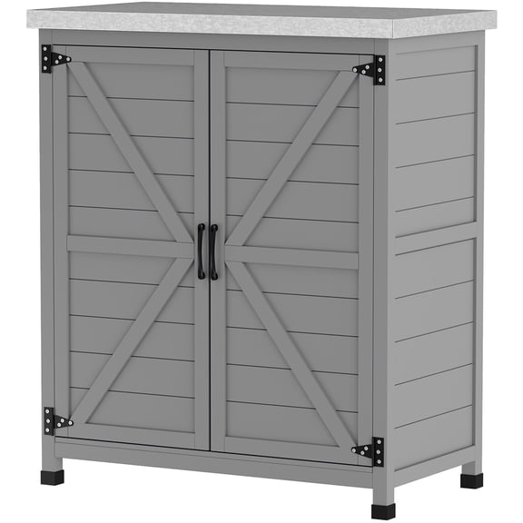 Wooden Storage Cabinet, Outdoor Prep Table with Metal Tabletop, Shelf and Double Doors for Patio, Garden, Gray