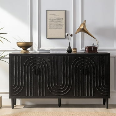 Wooden Storage Cabinet with 4 Doors, Modern Black Accent Cabinet, Free Standing Cabinet, Wooden Buffet Sideboards for Bedroom, Kitchen, Home Office