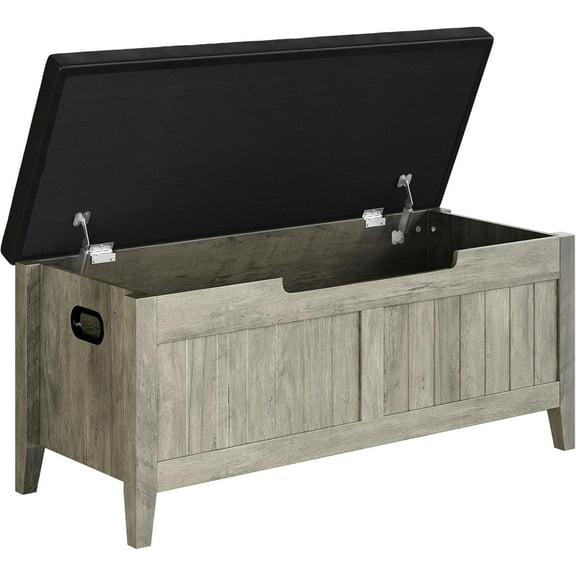 Wooden Storage Chest with Seat Cushion, Storage Chest with 2 Safety Hinges, Entryway Bench for Organizer, Supports 220 Lb, Bedroom, Living Room