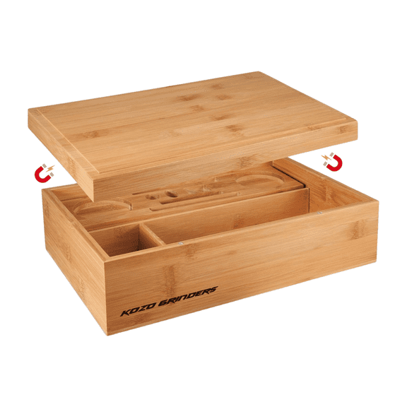 Wooden Storage Organizer Box with Magnetic Lid, Bamboo Tray, Airtight Glass Jar with Locking Seal, and Aluminum 4-Part Spice Grinder (Large)