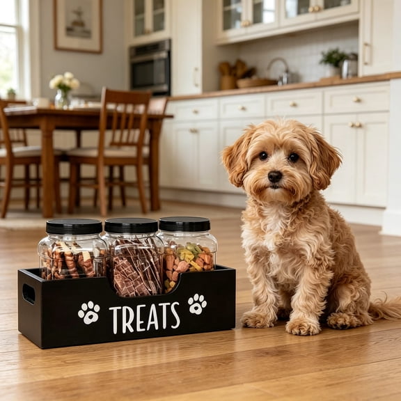 Wooden Storage Organizer With Handle Dog'S Paw Pattern Spice Rack For Kitchen Bathroom Coffee Bar(Black-32Cm)