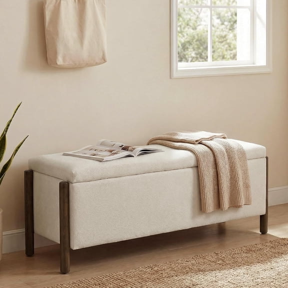 Wooden Storage Ottoman Bench, 47" Fabric Upholstered End of Storage Bench with Rubberwood Legs, Entryway Bench with Storage for Bedroom, Living Room, Reception, Cloakroom, Beige
