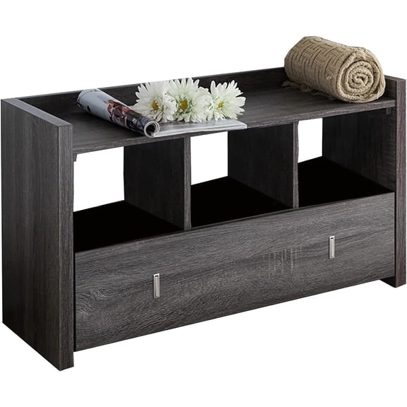 Wooden Storage Shoe Rack Bench with 3 Shelves and Raised Top, Distressed Gray