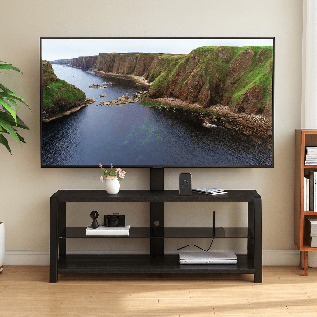 Wooden Storage TV Stand Black Tempered Glass Height Adjustable Universal Swivel Entertainment Center With Mount TV Stand,black