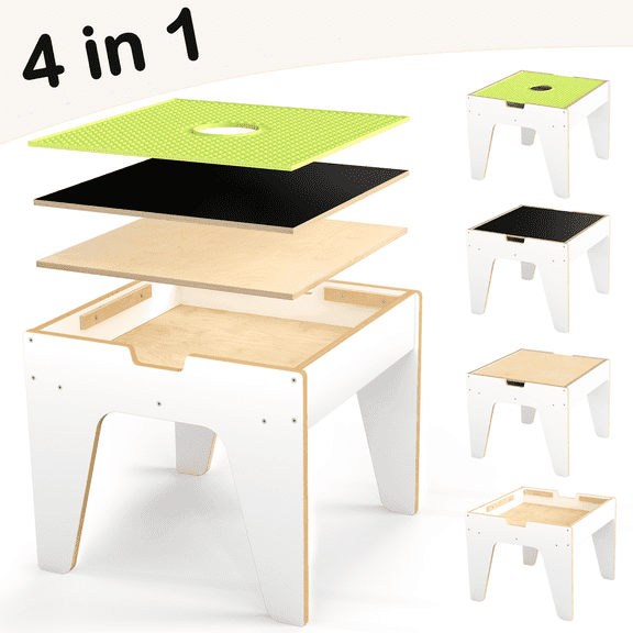 Kids Activity Table with Building Block and Drawing Board, Wooden Toy Storage Table with Hidden Storage for Blocks, Crafts, Reading and Creative Play