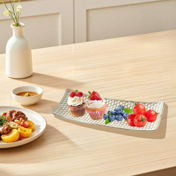 Wooden Storage Tray, Snack Candy Tray, Long Decorative Serving Tray for Coffee Table and Living Room, White Silvery Gold Three Colors Optional Honeycomb Wave Embossed Finish