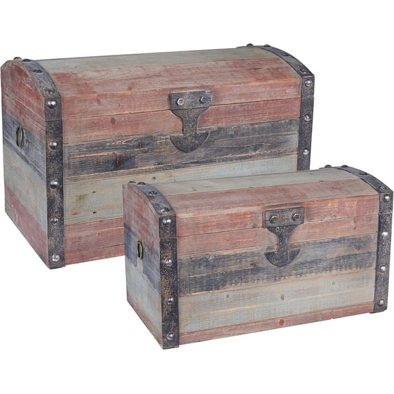 Wooden Storage Trunk Set, Large and Small Domed Chest, Weathered Wood with Paint Finish, Hinged Lid with Metal Accents