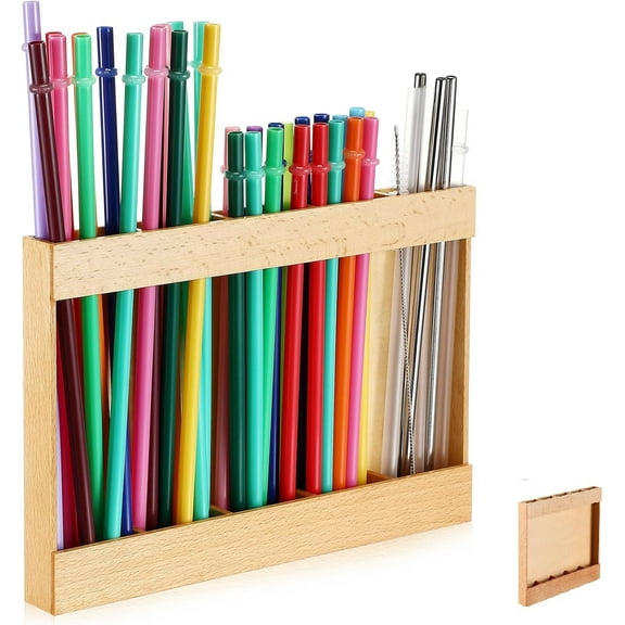 Wooden Straw Holder with Double Sided Adhesive Tape Tumbler Straw Organizer for Cupboard Reusable Tumbler Storage Container for Kitchen Counter(Wood Color)
