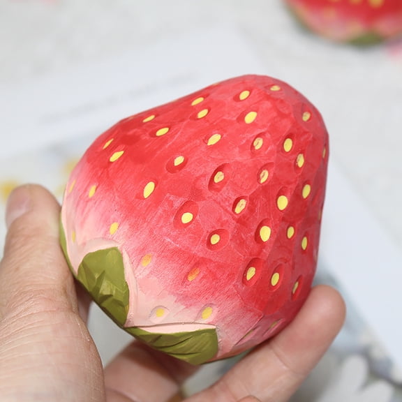 Wooden Strawberry Ornament, Hand Carved Fruit Figurine, Hand-Painted Desktop Decor, Cute Berry Shaped Wood Statue, Mini Carved Strawberry Decor for Home Office