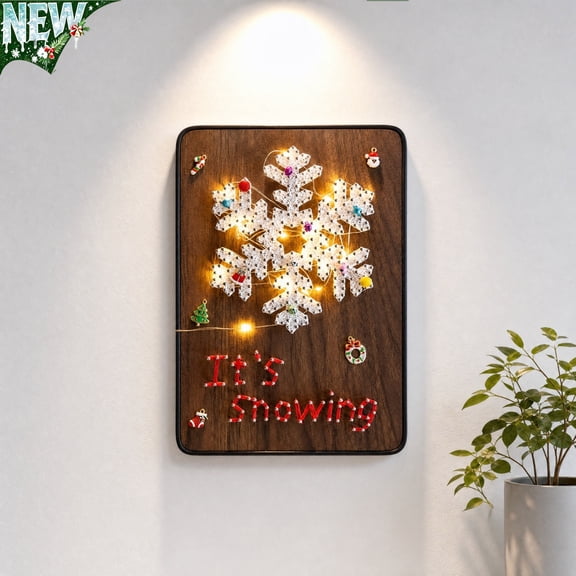 Wooden String Art Wall Plaque,LED Lit Snowflake Craft Board, DIY Assembled Indoor Wall Hanging Holiday Sign Gift for Christmas Home Hanging Decoration Party Favors
