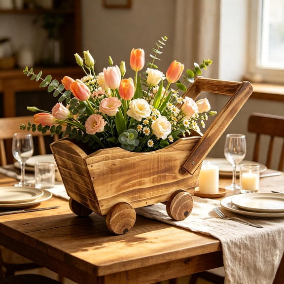 Wooden Stroller Flower Basket, Rustic Wheel Wagon Storage Basket with Handle 10.23x6.88x6.3in, Multipurpose Decorative Planter for Flowers, Fruits, Wedding and Farmhouse Tabletop Displays