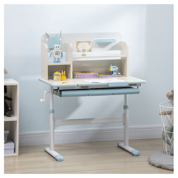 Wooden Study Desk Height Adjustable School Table Student Writing Desk with Tilt Top, Drawer, Storage Shelf, Pen Holder, Blue