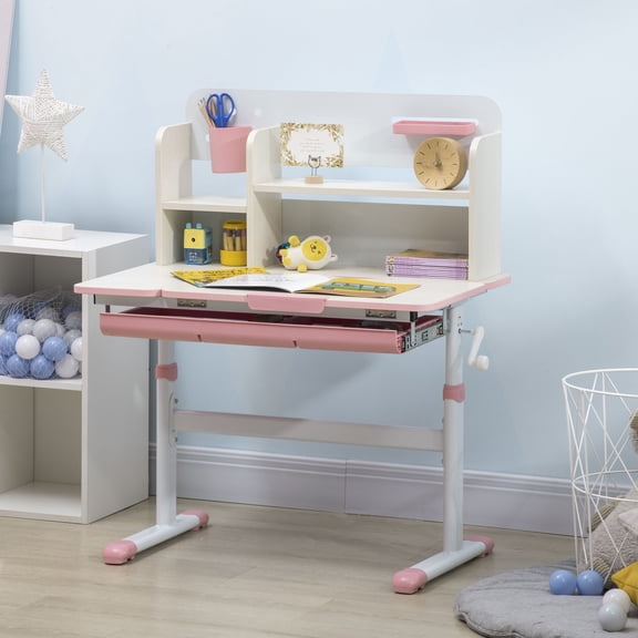 Wooden Study Desk, Height Adjustable School Table with Tilt Desktop, Drawer, Storage Shelf, Pen Holder, Pink