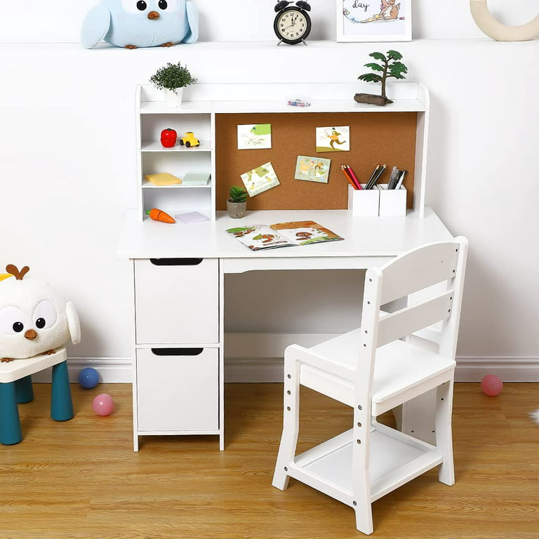 KidKraft Wooden Study Desk for Children with Chair, Bulletin Board and  Cabinets, White