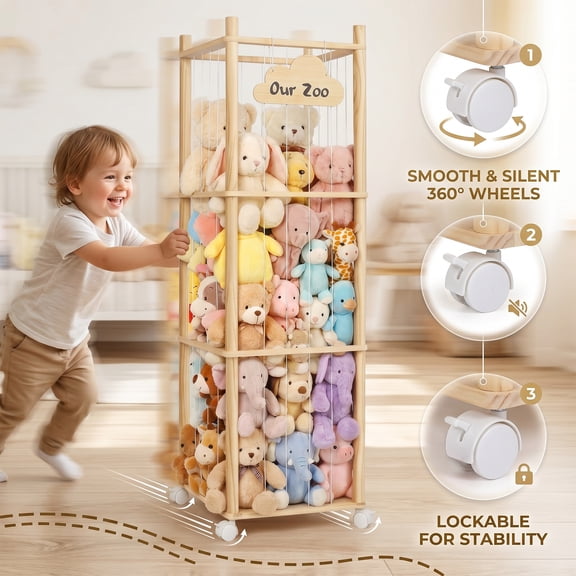 Wooden Stuffed Animal Storage Organizer with Wheel, Kids Cuddle Box, Teddy Bear & Doll Storage, Play Room Essentials, Playroom Bedroom Nursery & Kids Room