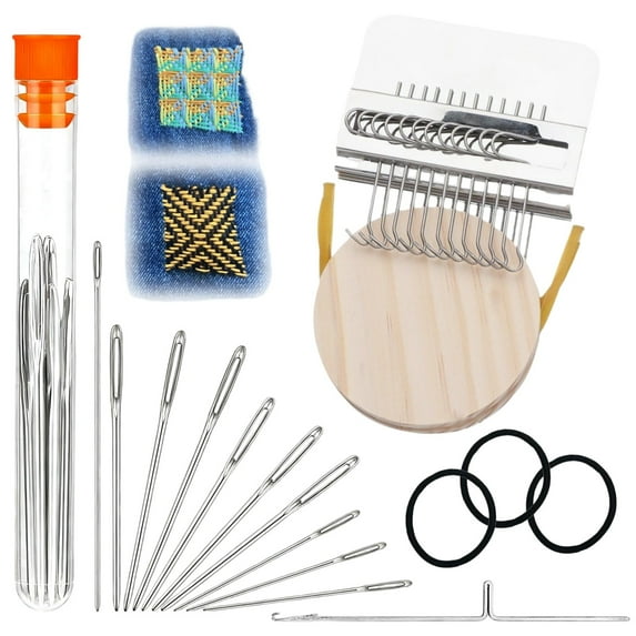 Wooden Style Darning Loom, Small Weaving Loom for Visible Mending Jeans, Weave Tool for DIY Artful Patterns, Repair Fabrics (12 Hooks)