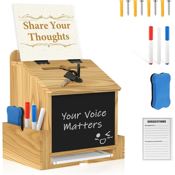 Wooden Suggestion Box with Acrylic Sign Holder, Locking Donation Box for Prayer, Comment, Ballot & Fundraising, Office Feedback Box With 50 Suggestion Cards and Pens, Wall Mounted or Countertop