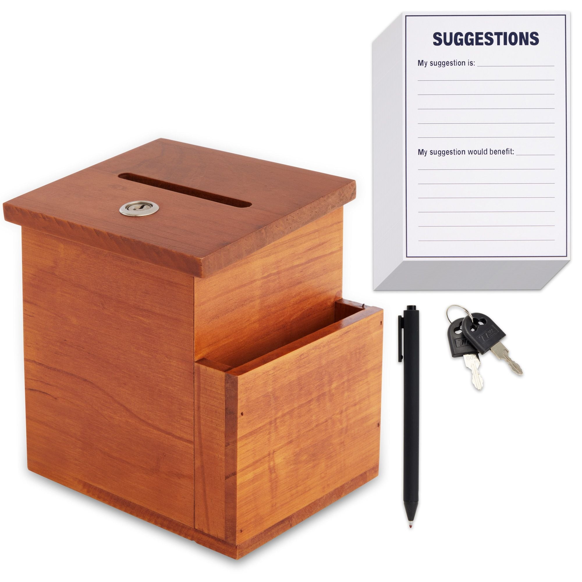Wooden Suggestion Box with Lock and Keys, Brown Ballot Box with 50