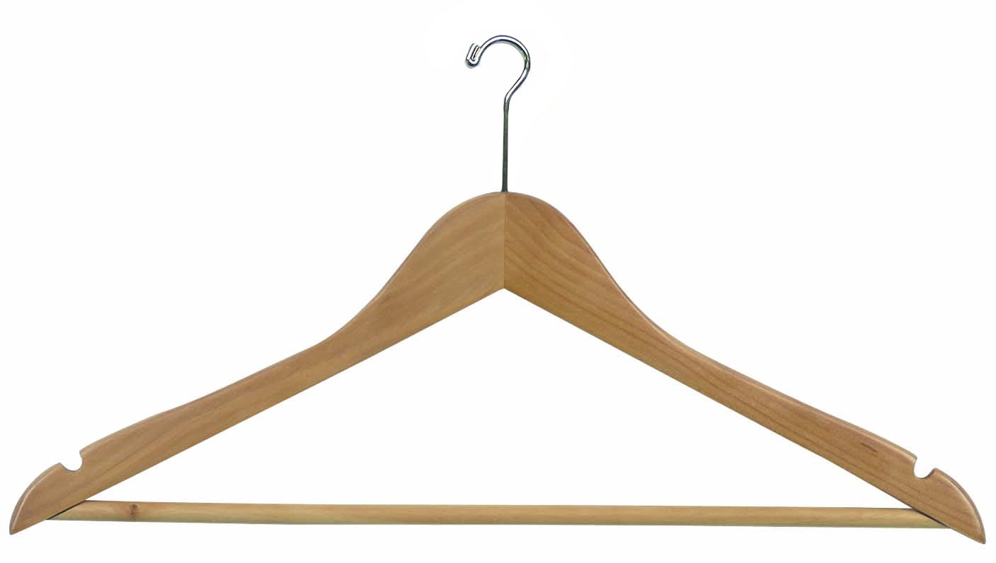 Wooden Suit Hanger with Anti-Theft Mini-Hook, Natural Finish with Chrome Hardware, Box of 50