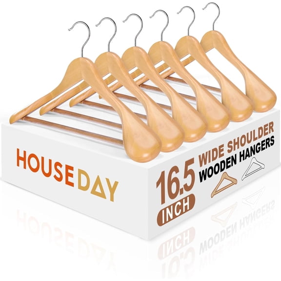 Wooden Suit Hangers 6 PackHeavy Duty Wide Shoulder Wooden Hangers, Solid Wood Coat Hanger with Non-Slip Pant Bar for Petite Adults, Teens and Small Suits, Coats, Jackets (Natural16.5'')