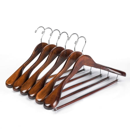 Wooden Hangers with Locking Bar and 360 ° Swivel Hook, Retro Finish, 6-Pack, Holds Up to 20 lbs