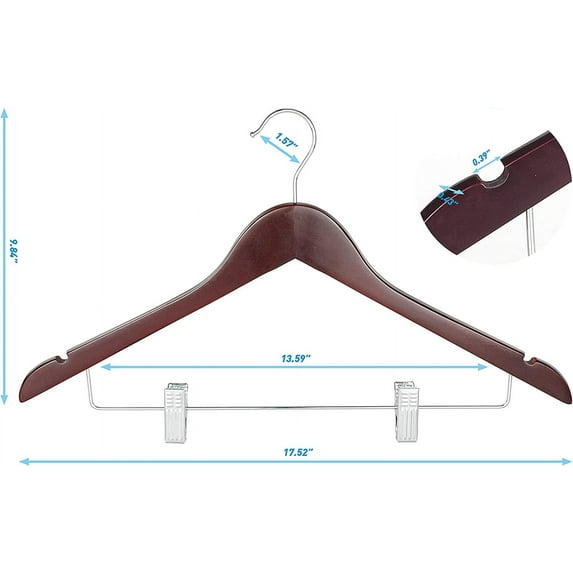 Wooden Suit Hangers with Adjustable Metal Clips (20 Pack), 360° Swivel Hook, Solid Wood Clothes Hangers for Coats, Jeans, Blouse