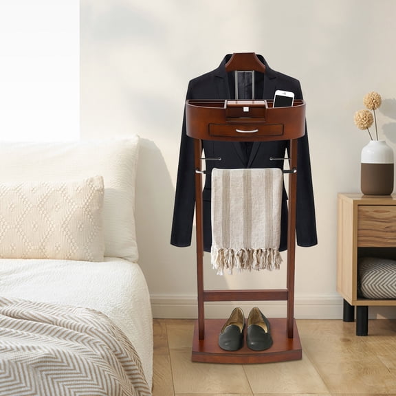 Wooden Suit Rack with Drawer and Valet Tray Brown Coat Stand Freestanding Clothes Hanger for Bedroom Entryway