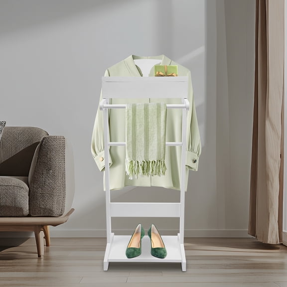 Wooden Suit Valet Stand, Clothes Valet with Drawer & Trouser Holder Mens & Womens Suit Rack for Bedroom, Living Room, Entryway, Hallway, Foyer, Office (White)