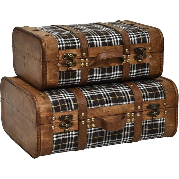 Wooden Suitcases Set - 2 Sizes, Antique Decorative Storage Chests