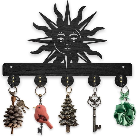 Wooden Sun Key Hooks Wall Mounted 11.87.8 inch Rustic Sun Wall Hook Keys Towels Hook Black Nature Art Key Rack with 5 Alloy Hooks for Gift Bedroom Kitchen Entryway Office Black DIY