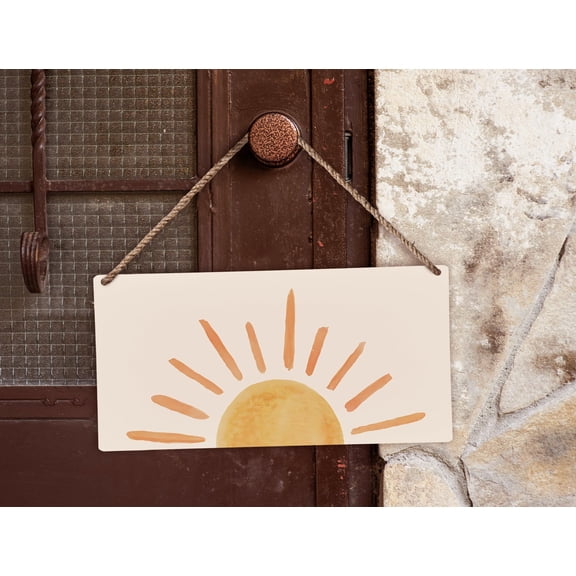 Wooden Sun Plaque Sign, Yellow Sunset Wall Decor, 12x6 Inch Horizontal Hanging