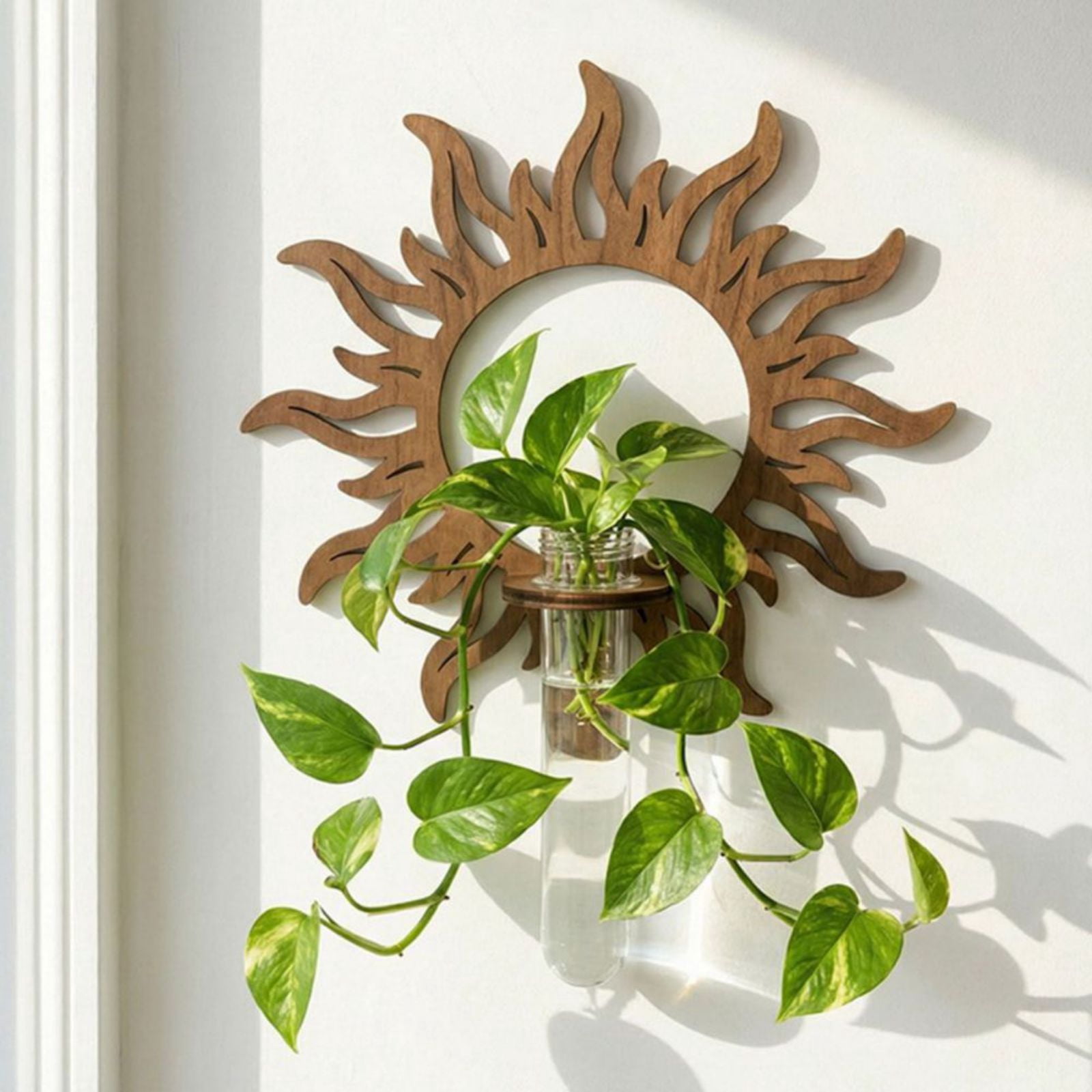 Wooden Sun Shaped Wall Hanging Planter Propagation Station Glass Flower Vase for Hydroponics Plants, Bathroom, Home Office Living Room Decor Gift