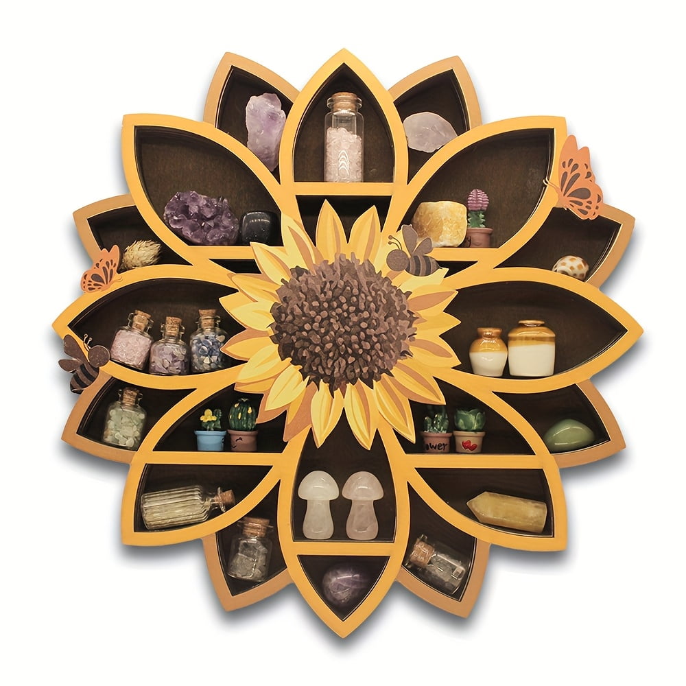 Wooden Sunflower Wall-Mounted Floating Shelves with Spiritual Decor Design, Multi-Functional Storage for Essential Oils, Crystals, and Meditation Items in Living Room or Meditation Space - Walmart.com