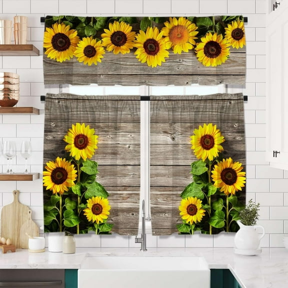 Wooden Sunflower Window Curtains Set with Valance 3pcs Farmhouse Sunflower Kitchen Curtains Sets Vintage Floral Curtain Drape Short for Bathroom and Bedroom Living Room Window