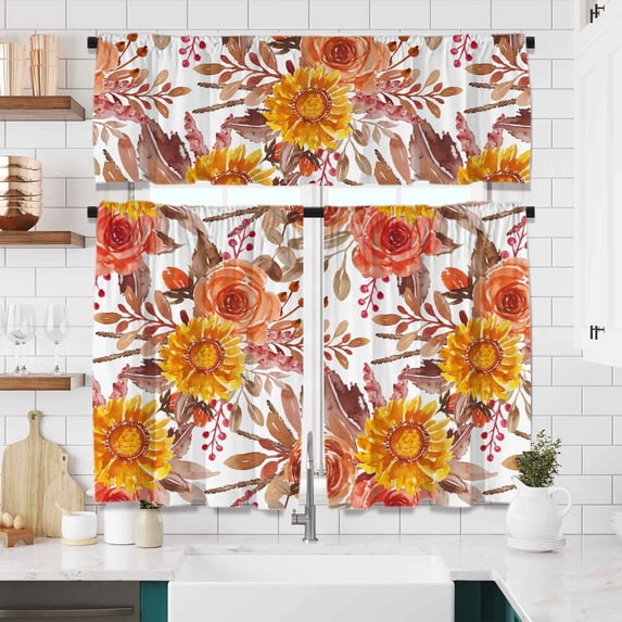 Wooden Sunflower Window Curtains Set with Valance 3pcs Farmhouse Sunflower Kitchen Curtains Sets Vintage Floral Curtain Drape Short for Bathroom and Bedroom Living Room Window