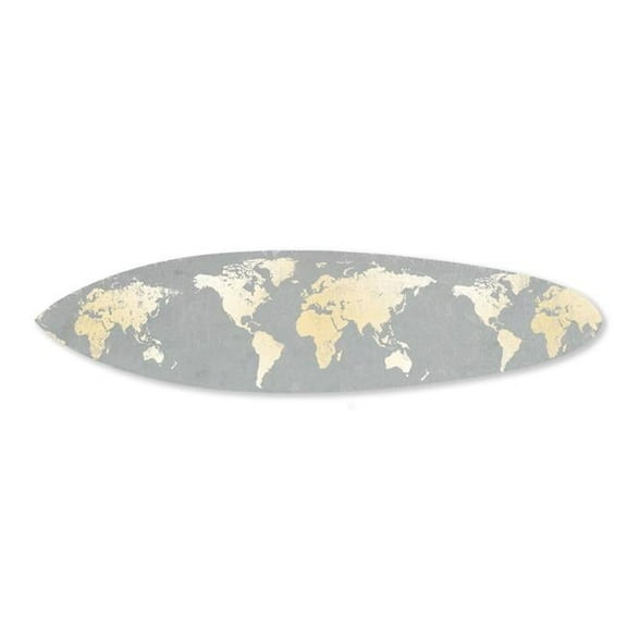 Wooden Surfboard Wall Art with World Map Print in Gray and White
