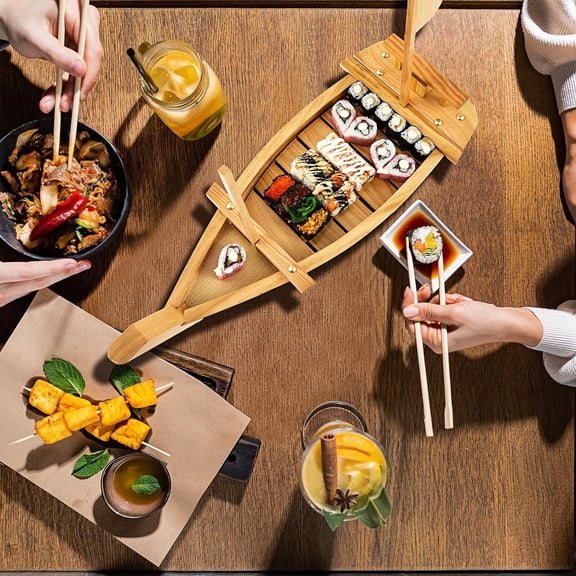 Wooden Sushi Boat Serving Tray Japanese Sushi Plate for Restaurant Sushi Tray Wood Serving Boat Plate for Food Display Home Wedding Birthday Party (Light Wood Color,24 Inch)