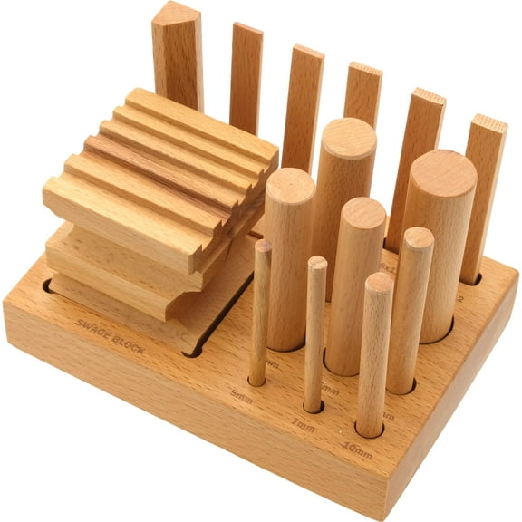 Wooden Swage Block with Punch Set; 8 Round Punches