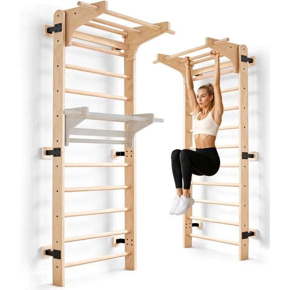 Wooden Swedish Ladder, Stall Bars Wall Gym, Home Gym Fitness Studio Apartment, Pull Up Bar Full Body Workout Hanging Stretching, Modern Scandinavian Fitness Style, Natural Wood, One Piece