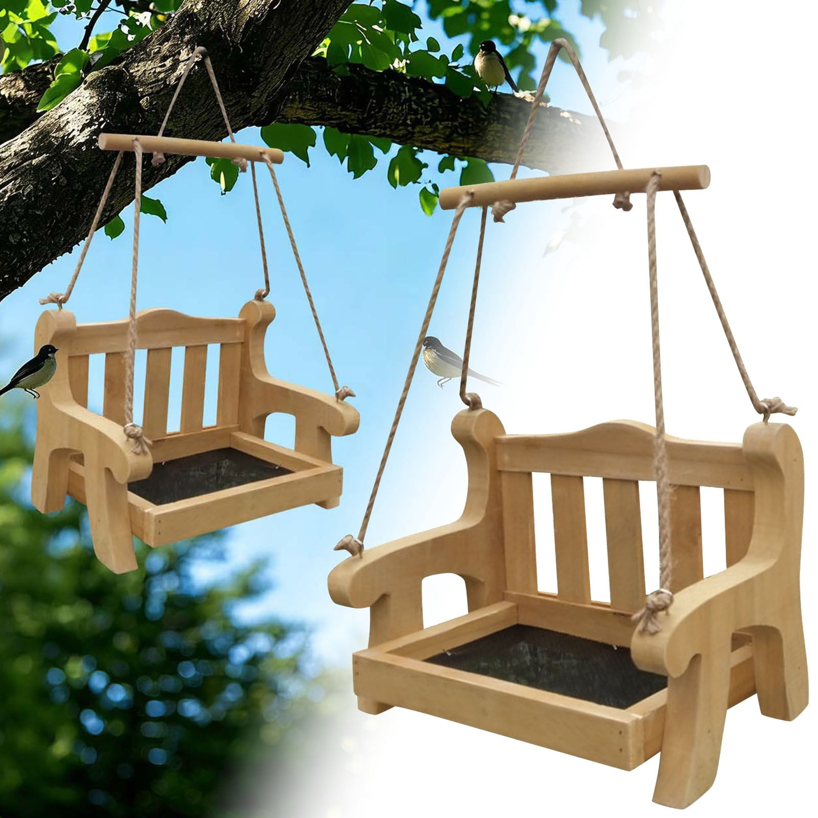 Wooden Swing Chair Bird Feeder, No Mess Bird Feeder, Swing Wild Bird Feeder Stand for Outside, Bird Cage Feeder, Whimsical Hanging Feeding Station for Garden Attracting Wild Birds 1Pcs