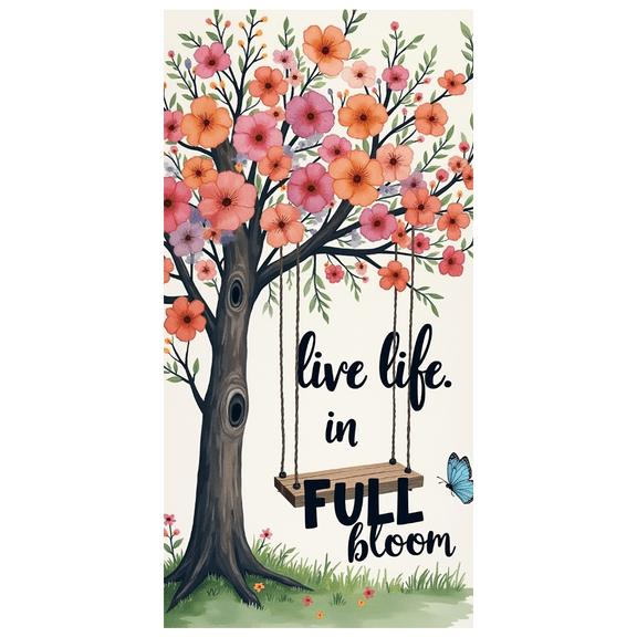 Wooden Swing Floral Tree Live Life in Full Bloom Banner Colorful Flowers Nature for Garden Party Spring Event Outdoor Decoration