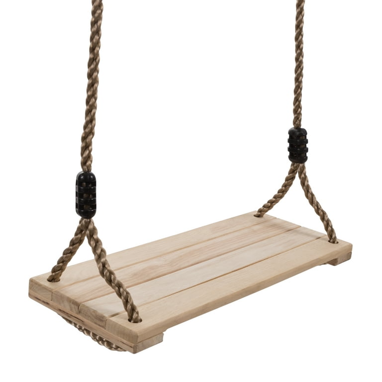 Wooden Swing Outdoor Flat Bench Seat with Adjustable Nylon Hanging Rope for Kids Playset Frame or Tree Backyard Swinging Toy by Hey! Play!