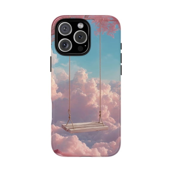 Wooden Swing Pink Tree Fluffy Clouds Scenic Artwork Phone Case for 11 12 13 14 15 16 17 Pro Max